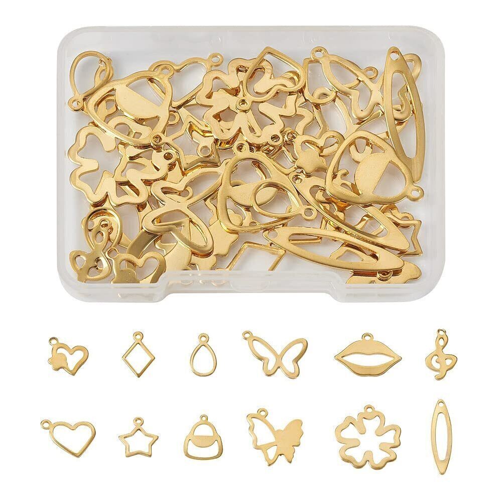 6633 48Pcs 12 Styles Golden Stainless Steel Charms Metal Hollow Butterfly